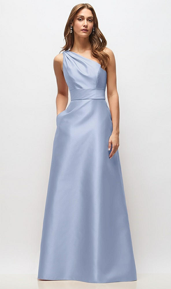 Front View - Sky Blue Draped One-Shoulder Satin Maxi Dress with Pockets