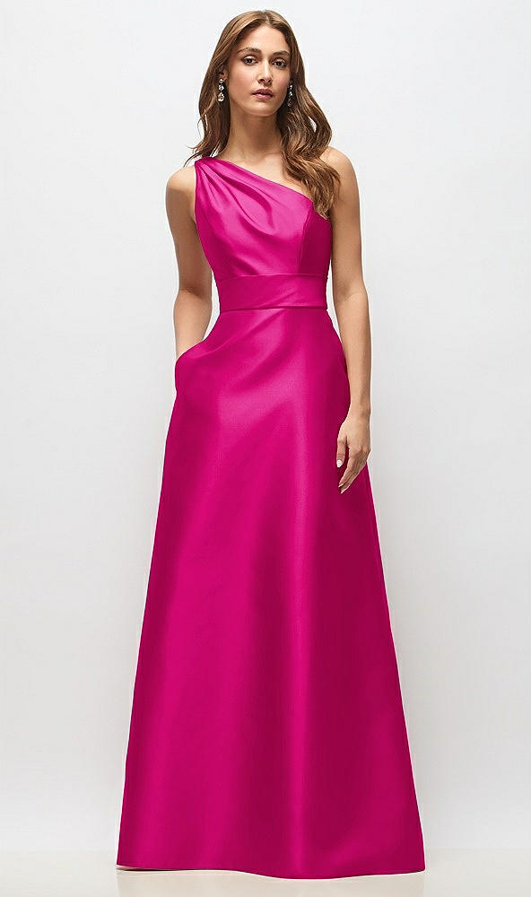 Front View - Think Pink Draped One-Shoulder Satin Maxi Dress with Pockets