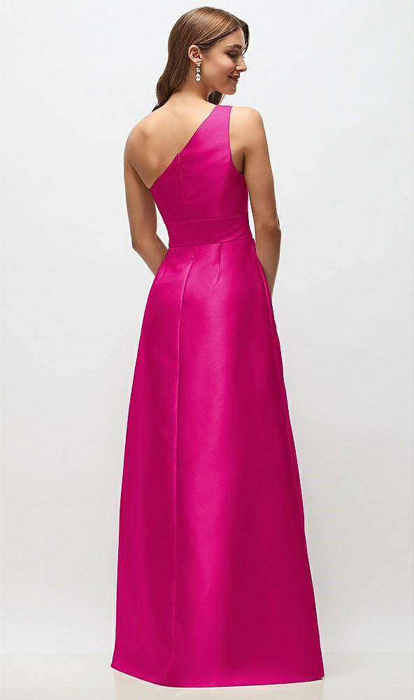 Back View - Think Pink Draped One-Shoulder Satin Maxi Dress with Pockets