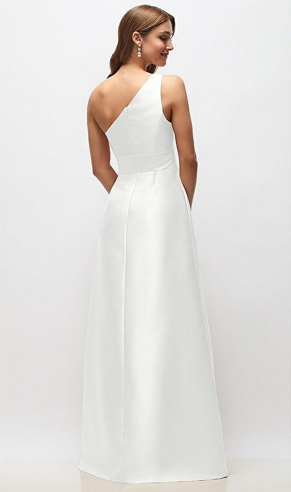 Back View - White Draped One-Shoulder Satin Maxi Dress with Pockets