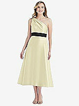Front View Thumbnail - Butter Yellow & Black Draped One-Shoulder Satin Midi Dress with Pockets