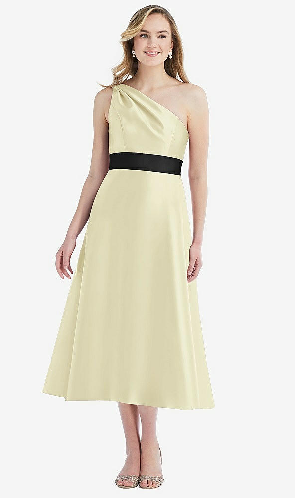 Front View - Butter Yellow & Black Draped One-Shoulder Satin Midi Dress with Pockets