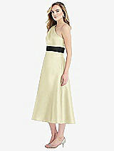 Side View Thumbnail - Butter Yellow & Black Draped One-Shoulder Satin Midi Dress with Pockets