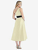 Rear View Thumbnail - Butter Yellow & Black Draped One-Shoulder Satin Midi Dress with Pockets