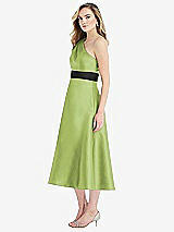 Side View Thumbnail - Mojito & Black Draped One-Shoulder Satin Midi Dress with Pockets