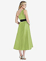 Rear View Thumbnail - Mojito & Black Draped One-Shoulder Satin Midi Dress with Pockets