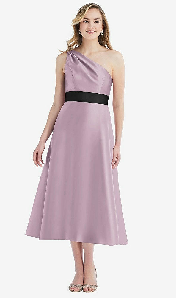 Front View - Suede Rose & Black Draped One-Shoulder Satin Midi Dress with Pockets