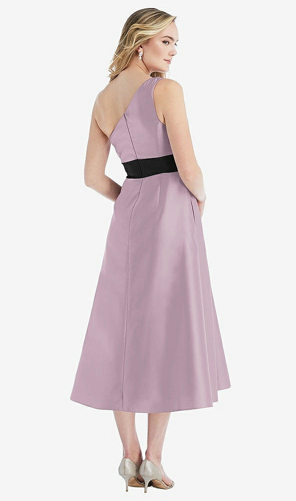 Back View - Suede Rose & Black Draped One-Shoulder Satin Midi Dress with Pockets