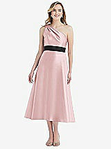Front View Thumbnail - Ballet Pink & Black Draped One-Shoulder Satin Midi Dress with Pockets