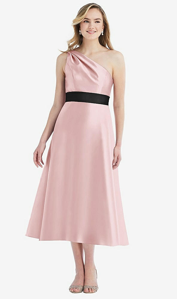 Front View - Ballet Pink & Black Draped One-Shoulder Satin Midi Dress with Pockets