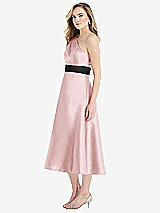 Side View Thumbnail - Ballet Pink & Black Draped One-Shoulder Satin Midi Dress with Pockets
