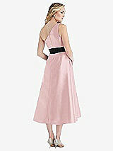 Rear View Thumbnail - Ballet Pink & Black Draped One-Shoulder Satin Midi Dress with Pockets
