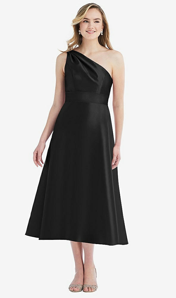 Front View - Black & Black Draped One-Shoulder Satin Midi Dress with Pockets