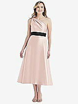 Front View Thumbnail - Blush & Black Draped One-Shoulder Satin Midi Dress with Pockets