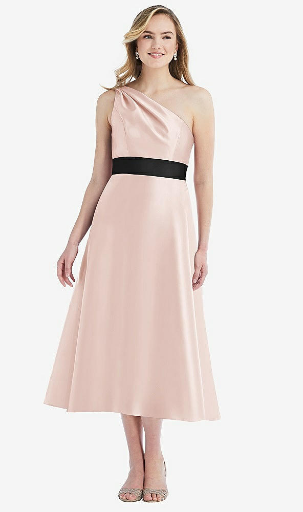Front View - Blush & Black Draped One-Shoulder Satin Midi Dress with Pockets