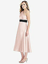 Side View Thumbnail - Blush & Black Draped One-Shoulder Satin Midi Dress with Pockets
