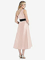 Rear View Thumbnail - Blush & Black Draped One-Shoulder Satin Midi Dress with Pockets