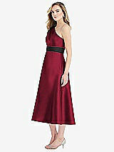Side View Thumbnail - Burgundy & Black Draped One-Shoulder Satin Midi Dress with Pockets