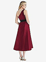 Rear View Thumbnail - Burgundy & Black Draped One-Shoulder Satin Midi Dress with Pockets
