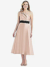Front View Thumbnail - Cameo & Black Draped One-Shoulder Satin Midi Dress with Pockets