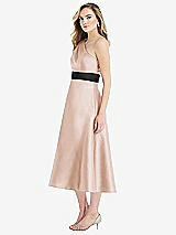 Side View Thumbnail - Cameo & Black Draped One-Shoulder Satin Midi Dress with Pockets