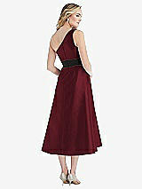 Rear View Thumbnail - Cabernet & Black Draped One-Shoulder Satin Midi Dress with Pockets