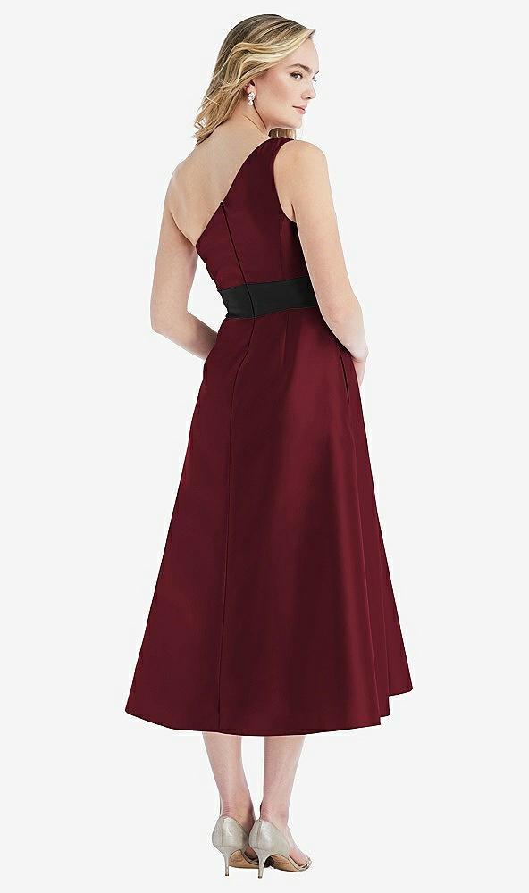 Back View - Cabernet & Black Draped One-Shoulder Satin Midi Dress with Pockets