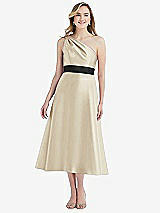 Front View Thumbnail - Champagne & Black Draped One-Shoulder Satin Midi Dress with Pockets