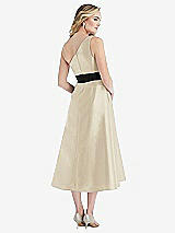 Rear View Thumbnail - Champagne & Black Draped One-Shoulder Satin Midi Dress with Pockets