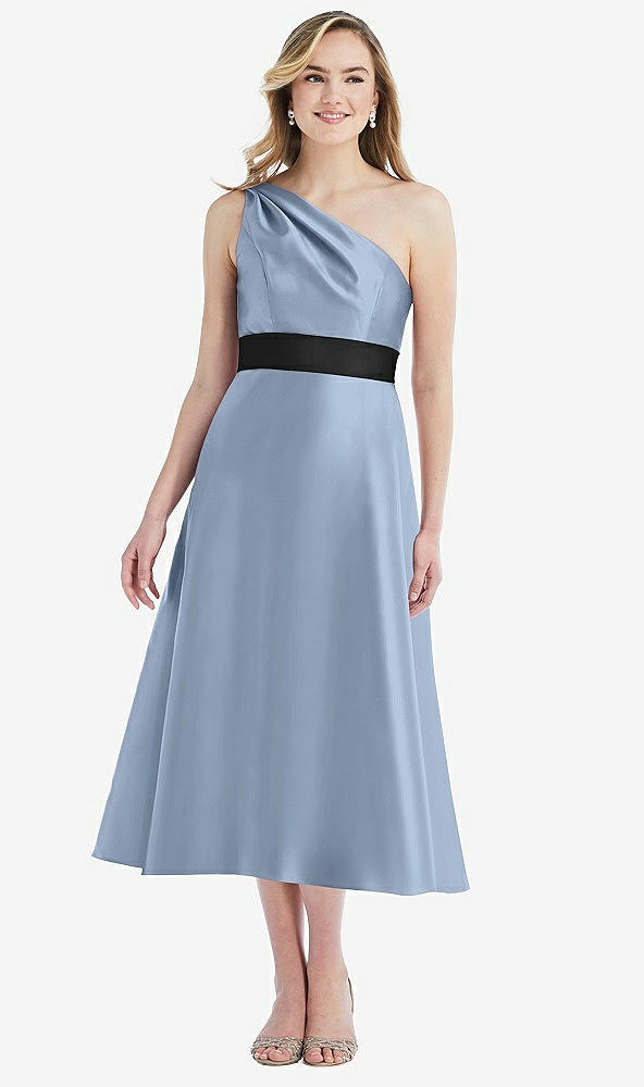 Front View - Cloudy & Black Draped One-Shoulder Satin Midi Dress with Pockets