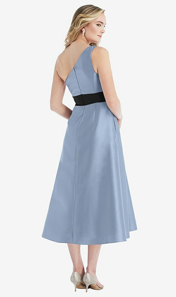 Back View - Cloudy & Black Draped One-Shoulder Satin Midi Dress with Pockets
