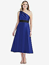 Front View Thumbnail - Cobalt Blue & Black Draped One-Shoulder Satin Midi Dress with Pockets