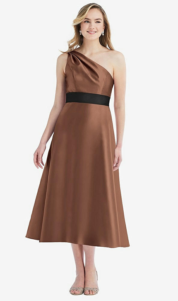 Front View - Cognac & Black Draped One-Shoulder Satin Midi Dress with Pockets