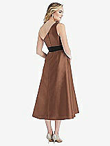 Rear View Thumbnail - Cognac & Black Draped One-Shoulder Satin Midi Dress with Pockets