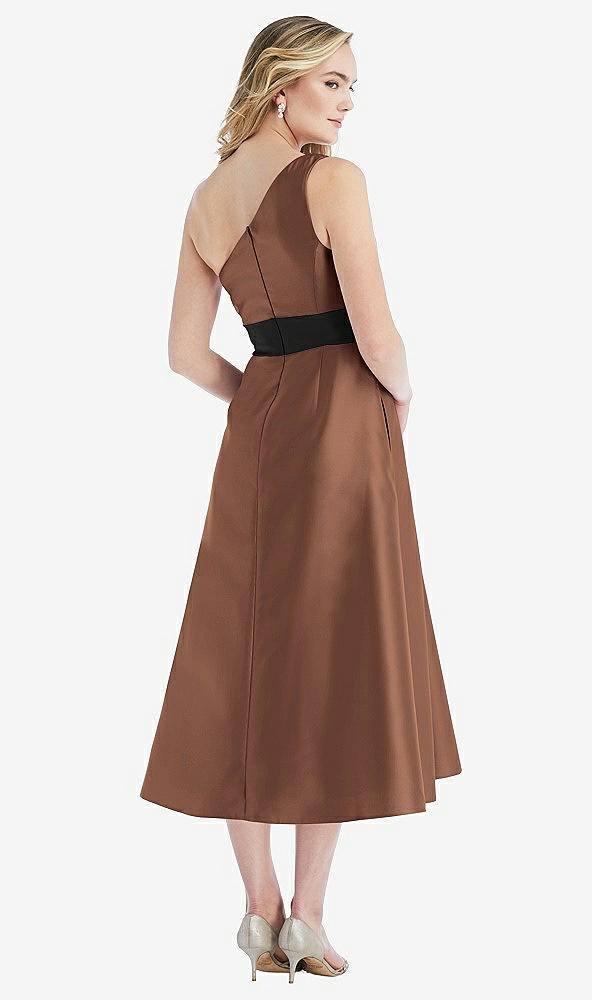 Back View - Cognac & Black Draped One-Shoulder Satin Midi Dress with Pockets