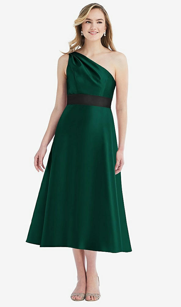 Front View - Hunter Green & Black Draped One-Shoulder Satin Midi Dress with Pockets