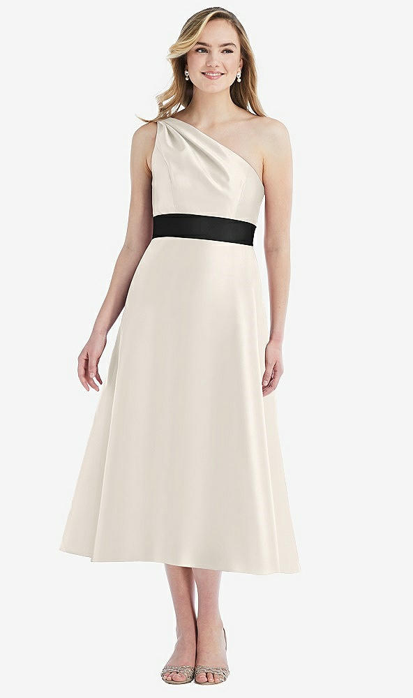 Front View - Ivory & Black Draped One-Shoulder Satin Midi Dress with Pockets