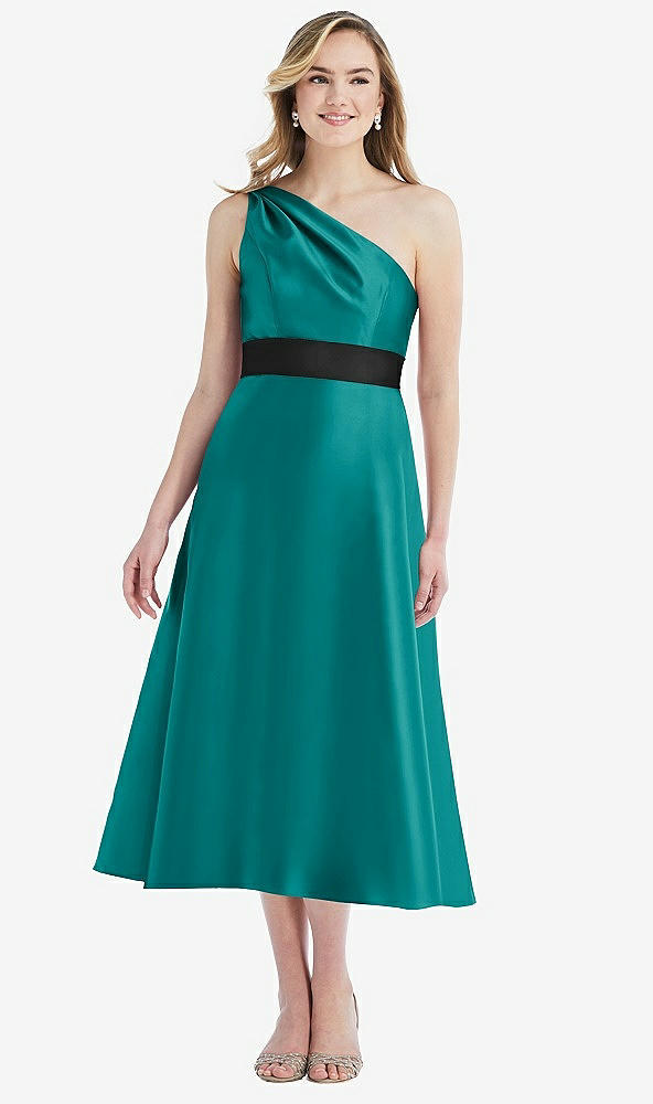 Front View - Jade & Black Draped One-Shoulder Satin Midi Dress with Pockets