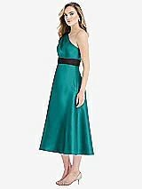 Side View Thumbnail - Jade & Black Draped One-Shoulder Satin Midi Dress with Pockets