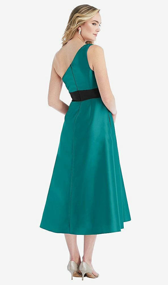 Back View - Jade & Black Draped One-Shoulder Satin Midi Dress with Pockets