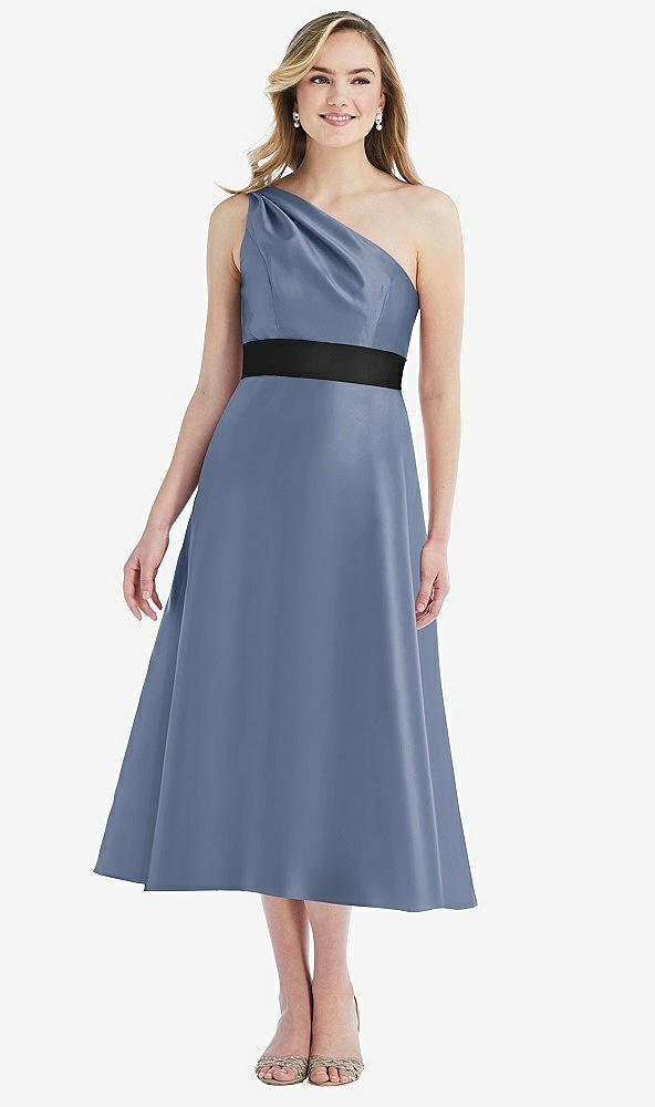 Front View - Larkspur Blue & Black Draped One-Shoulder Satin Midi Dress with Pockets