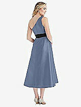 Rear View Thumbnail - Larkspur Blue & Black Draped One-Shoulder Satin Midi Dress with Pockets