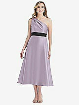 Front View Thumbnail - Lilac Haze & Black Draped One-Shoulder Satin Midi Dress with Pockets