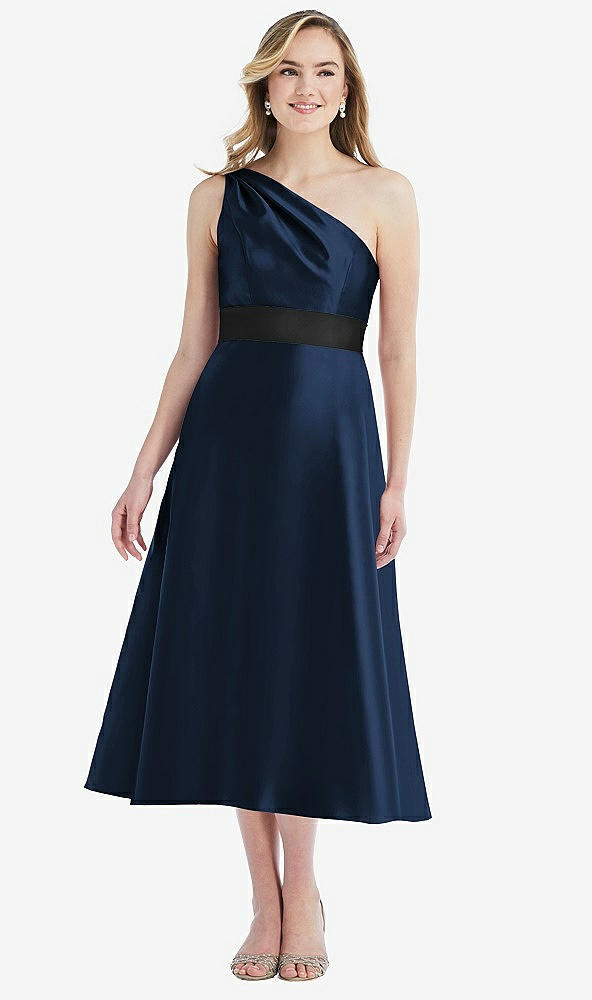 Front View - Midnight Navy & Black Draped One-Shoulder Satin Midi Dress with Pockets