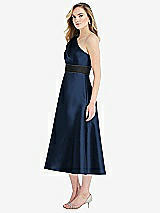 Side View Thumbnail - Midnight Navy & Black Draped One-Shoulder Satin Midi Dress with Pockets