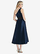 Rear View Thumbnail - Midnight Navy & Black Draped One-Shoulder Satin Midi Dress with Pockets