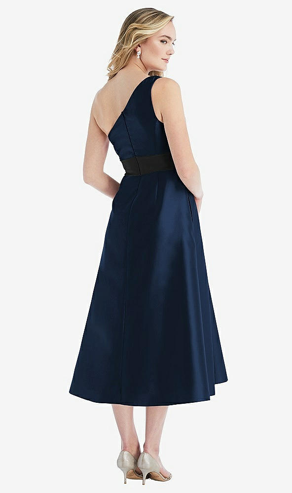 Back View - Midnight Navy & Black Draped One-Shoulder Satin Midi Dress with Pockets