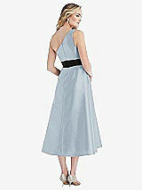 Rear View Thumbnail - Mist & Black Draped One-Shoulder Satin Midi Dress with Pockets