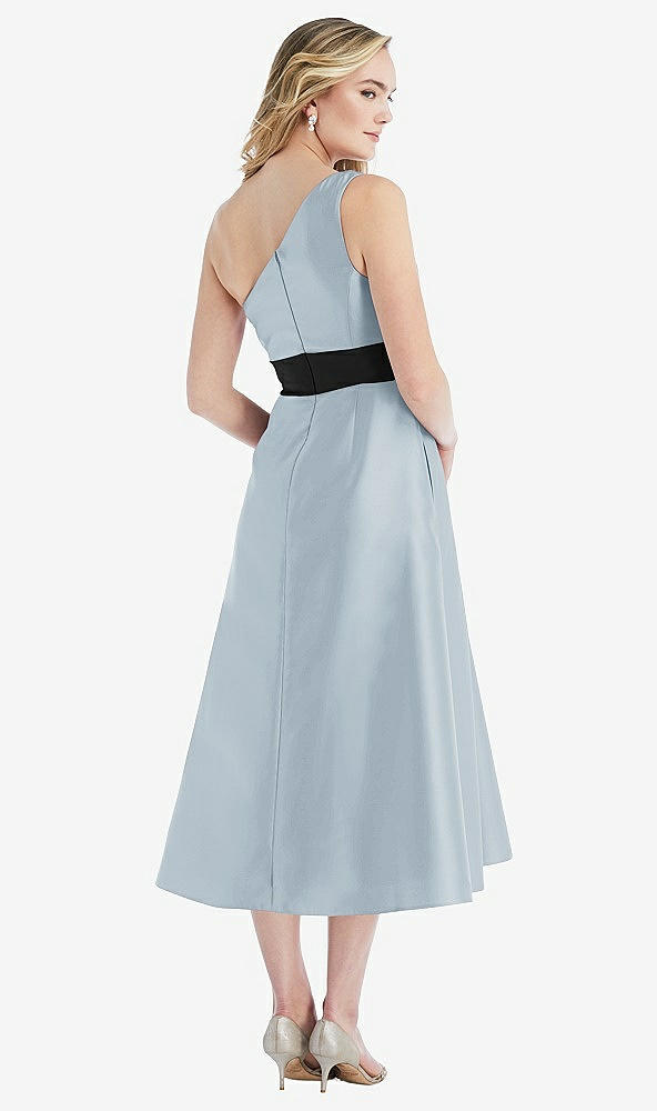 Back View - Mist & Black Draped One-Shoulder Satin Midi Dress with Pockets