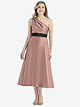 Front View Thumbnail - Neu Nude & Black Draped One-Shoulder Satin Midi Dress with Pockets
